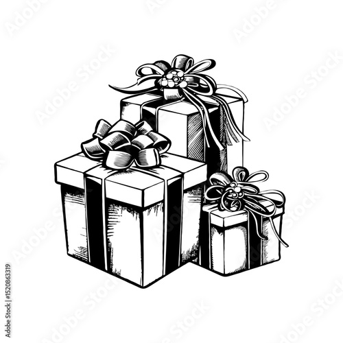 Hand-drawn illustration of three gift boxes with bows on white background.