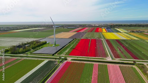 Aerial drone view of wind turbines and solar panels generating clean, renewable energy, with vibrant tulip fields visible in the background.
