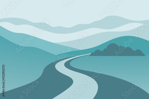 Panoramic mountain landscapes featuring winding roads, serene lakes, and misty valleys under a captivating sky at sunrise or sunset