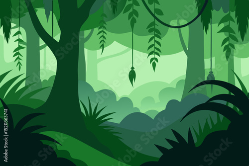 Green bamboo forest landscape illustration in the morning sun with a vibrant, leafy jungle design