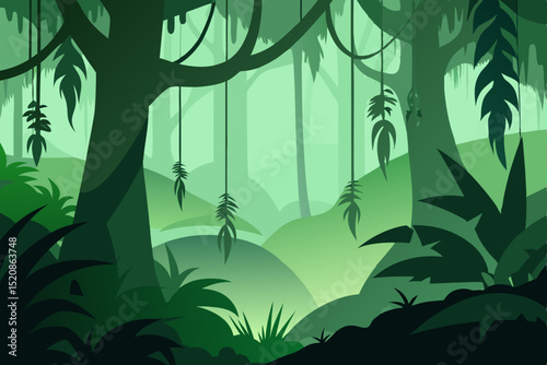 Green tropical jungle forest with bamboo trees and plant leaves in the morning light, a natural vector illustration