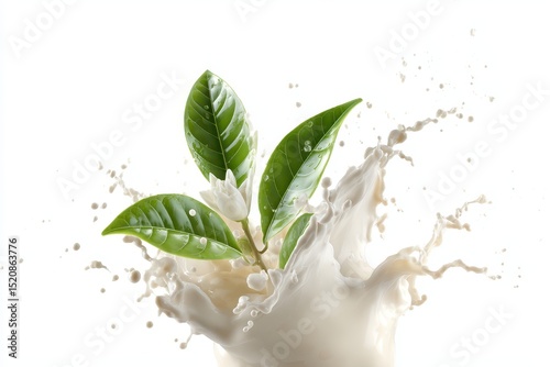 white mini flower with green water splash isolated on white background
