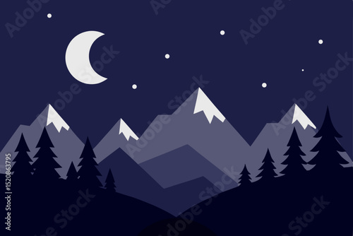 Starry winter mountain landscape with a cozy village home and trees under a blue night sky