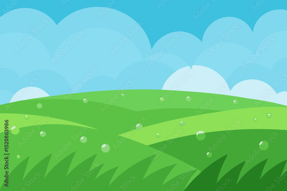 Fototapeta premium Green summer landscape with a blue sky, rolling hills, and a vibrant meadow