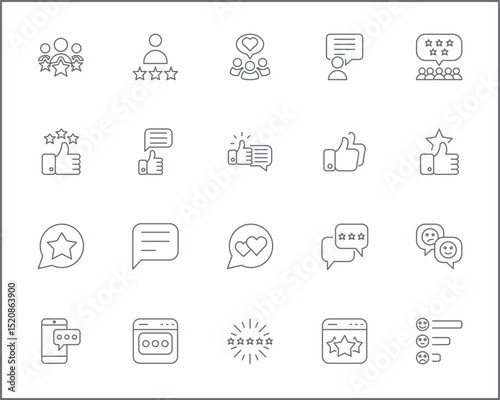 Review And feedback Icon Set. Vector collection of customer, rating, star rating, chat, testimonials, survey, support, communication, sign and element symbols or logo element.
