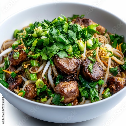 Delicious bowl of savory noodles topped with fresh herbs and tender meat pieces