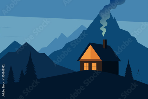 Mountain landscape with a rural village of houses nestled among snow-capped alps and green meadows under a vast sky