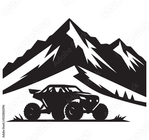 Black Silhouette Graphic Design of Off-Road UTV Side by Side Vehicle and Rugged Mountains for Extreme Outdoor Adventure Logo