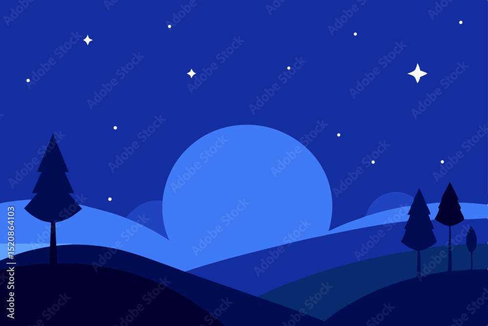 Naklejka premium Christmas winter night landscape with moon, stars, and silhouette trees, a dark blue illustration