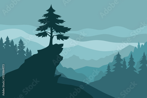 Vector illustration of a mountain landscape with trees, snow, and morning mist