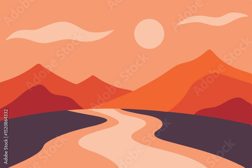 Mountain valley desert sunset landscape with orange sky and mist