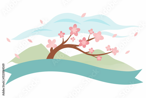 Vector nature landscape with trees, sky, and sun, illustrating a spring scene