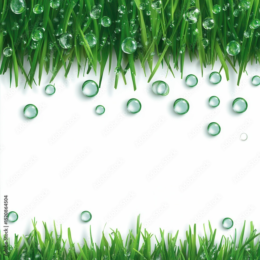Fototapeta premium Fresh Green Grass with Water Droplets on White Background for Natural Aesthetics
