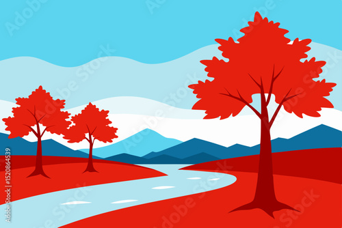 Autumn trees and colorful fall foliage grace the mountain landscape, with a clear sky overhead