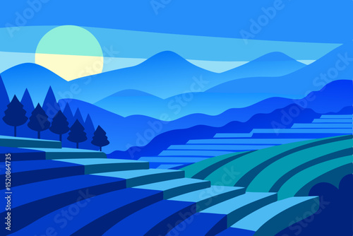 Majestic mountain landscape with a serene blue sky and a touch of morning mist