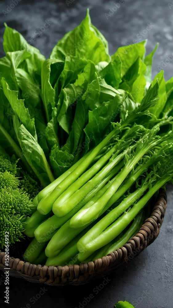 Fresh green choy sum stalks, mustard leaves, and broccoli florets in woven basket on dark textured surface Fresh green choy sum stalks, mustard leaves, and broccoli florets in woven basket on dark textured surface