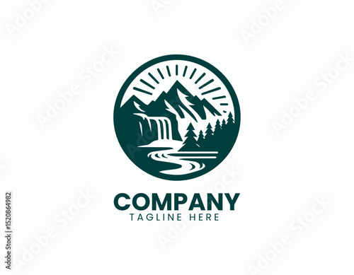 Majestic Mountain Landscape Flowing River Waterfall Scenic Vector Logo Design