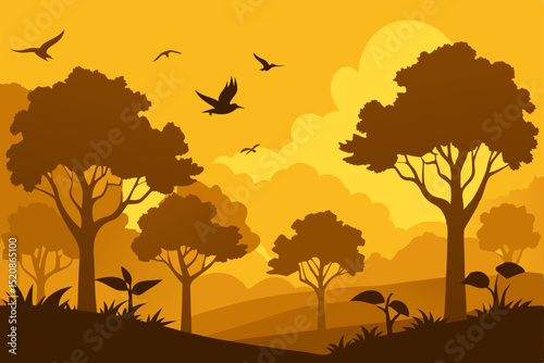 Sunset autumn landscape with silhouetted trees and birds in an orange sky