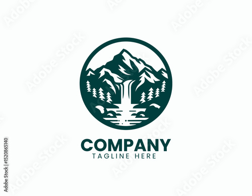 Majestic Mountain Landscape Flowing River Waterfall Scenic Vector Logo Design