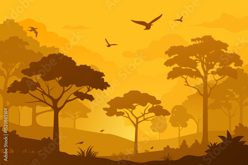 Airplane in city landscape with trees against an orange sunset sky