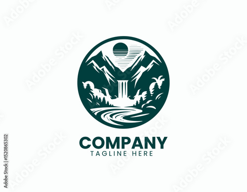 Majestic Mountain Landscape Flowing River Waterfall Scenic Vector Logo Design
