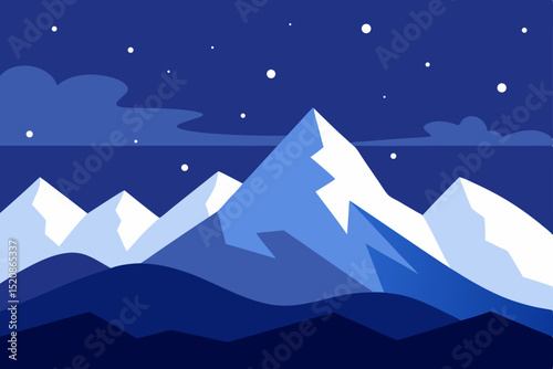 Snowy winter mountain landscape with a blue night sky and frosty forest