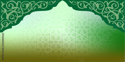 Green Islamic Background with Ornamental Border and Geometric Pattern Design.