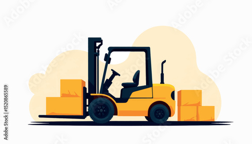 Modern forklift lifting boxes in minimalist warehouse, industrial design