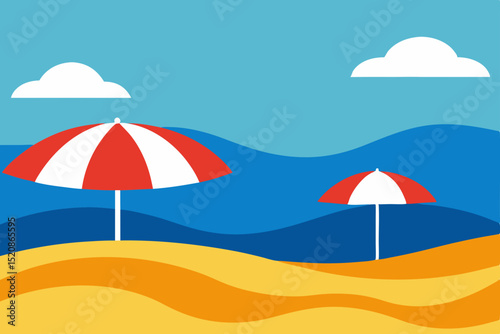 Sunny beach with umbrella, sand, and sea, perfect for a summer vacation