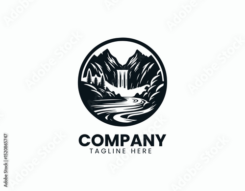 Majestic Mountain Landscape Flowing River Waterfall Scenic Vector Logo Design