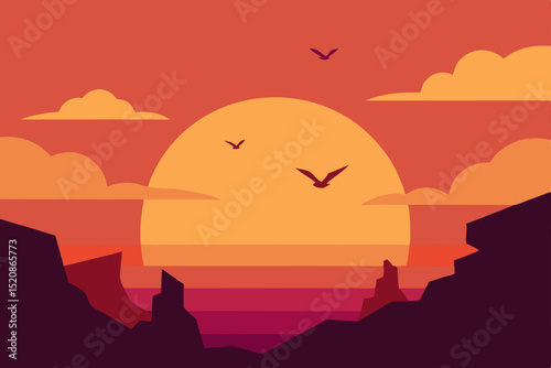 Dramatic orange sunset over mountain silhouettes, a breathtaking landscape view