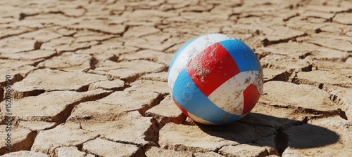 Beach ball on cracked, dry ground, symbolizing the impact of climate change and water scarcity. The colors are maroon, white, blue, yellow, and red.