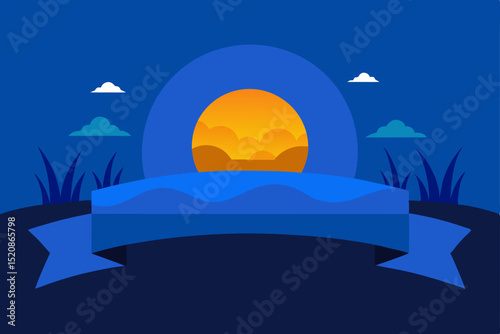 Abstract vector landscape with moon, mountains, and waves, illustrating a serene nature scene