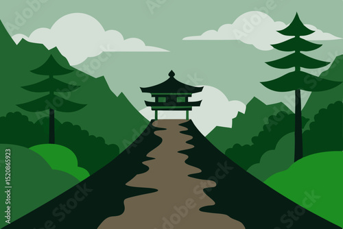 Vector illustration of a summer mountain forest landscape with a city