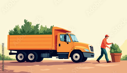 Man loading plants onto farm truck in sunny landscape, agricultural work