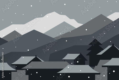 Christmas winter night landscape with snow-covered houses and trees
