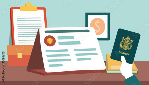 Illustration of passport and visa application on desk, travel preparation