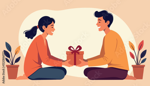 Parents joyfully exchanging a small gift, love and togetherness