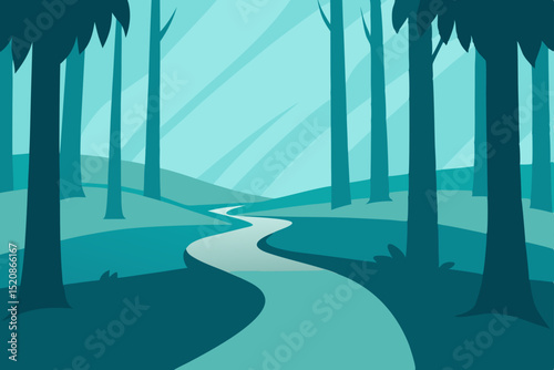 Misty morning road through a green forest, leading to the sea