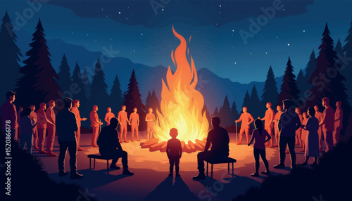 People enjoying a bonfire at night, togetherness and warmth