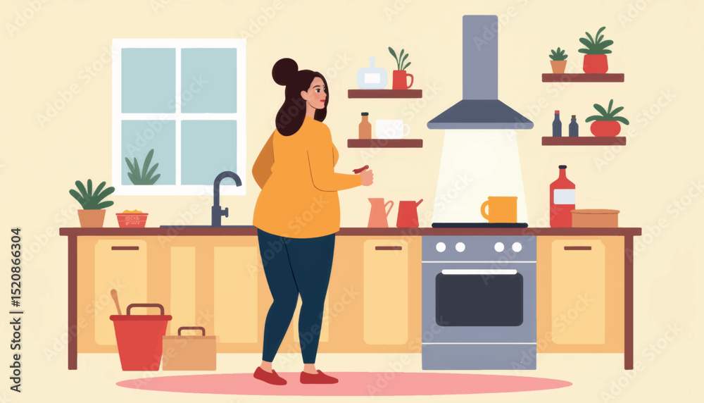 Fototapeta premium Plus size woman enjoying cooking in colorful kitchen, home comfort