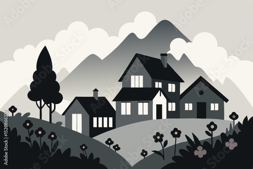 Cartoon village landscape with houses on green hills and mountain city architecture under a clear sky