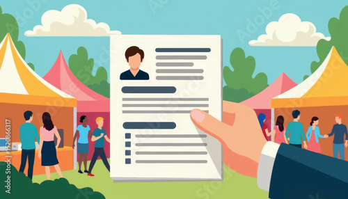 Professional handing resume at summer fair, career opportunity