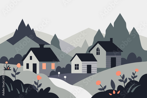 Winter mountain village landscape with snow-covered houses and festive Christmas trees under a clear night sky
