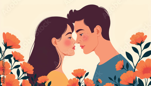 Queer couple sharing a loving moment surrounded by flowers, romance