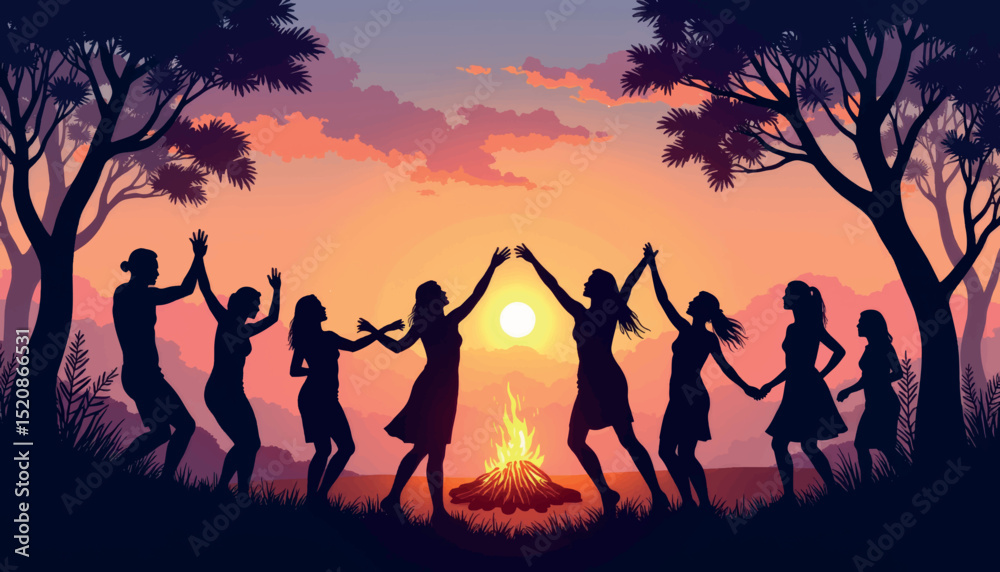 Joyful silhouettes dancing around bonfire at sunset, midsummer celebration Joyful silhouettes dancing around bonfire at sunset, midsummer celebration