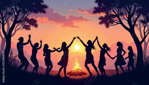 Joyful silhouettes dancing around bonfire at sunset, midsummer celebration