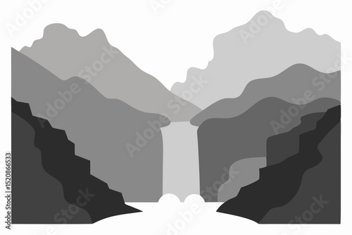Majestic mountain landscape at sunrise, with mist and clouds silhouetting the forest and hills against the blue sky, a serene nature view