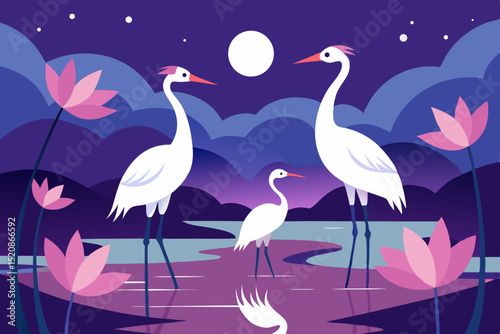 Two pink flamingos and two other birds in the water, a wildlife vector illustration