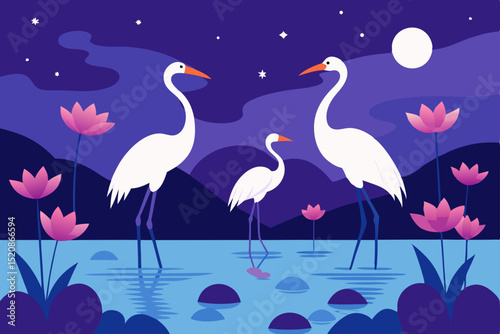 Pink flamingos wading in a serene lake, a beautiful illustration of wild birds in nature